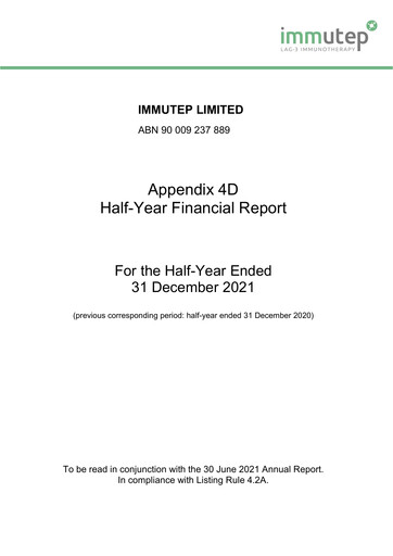 Thumbnail Immutep Financial Report 2022-h1