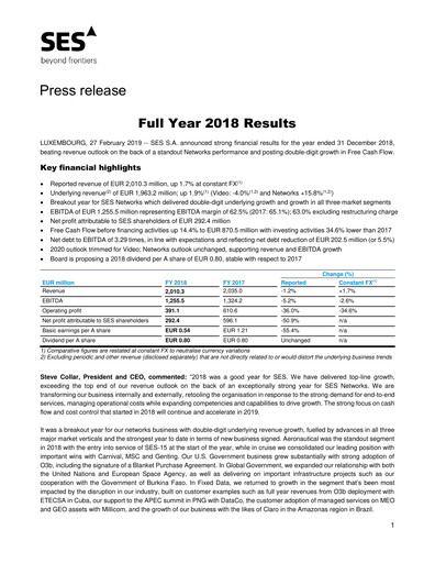 Miniature SES S.A. Rapport financier 2018