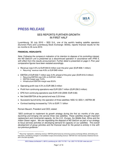 Miniature SES S.A. Rapport semestriel 2010-h1