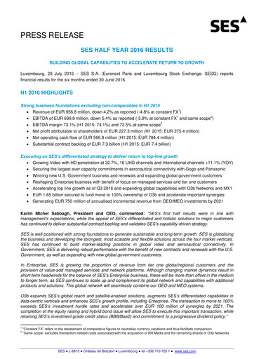 Miniature SES S.A. Rapport semestriel 2016-h1