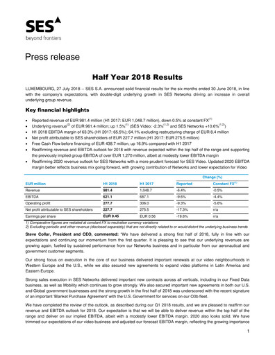 Miniature SES S.A. Rapport semestriel 2018-h1