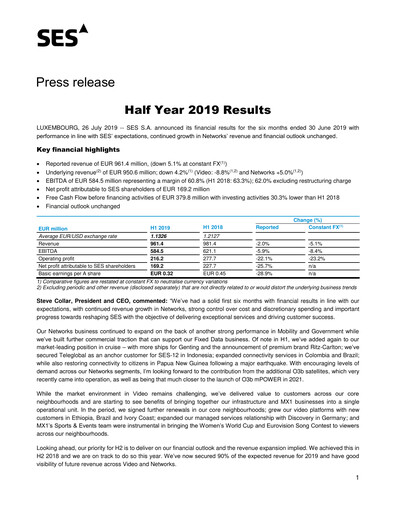 Miniature SES S.A. Rapport semestriel 2019-h1