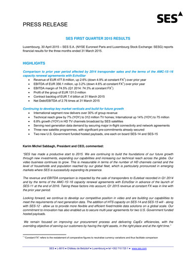 Miniature SES S.A. Rapport trimestriel 2015-q1