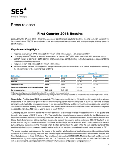 Miniature SES S.A. Rapport trimestriel 2018-q1