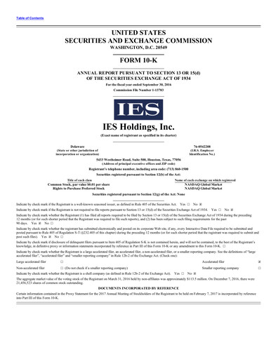 Miniature IES Holdings Rapport annuel 2016