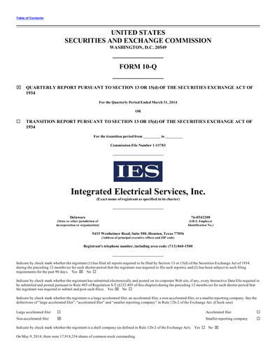 Thumbnail IES Holdings Quarterly Report 2014-q2