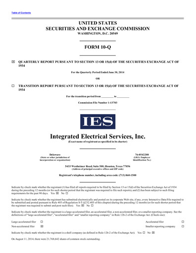 Thumbnail IES Holdings Quarterly Report 2014-q3