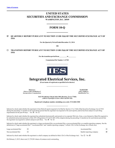 Thumbnail IES Holdings Quarterly Report 2015-q1