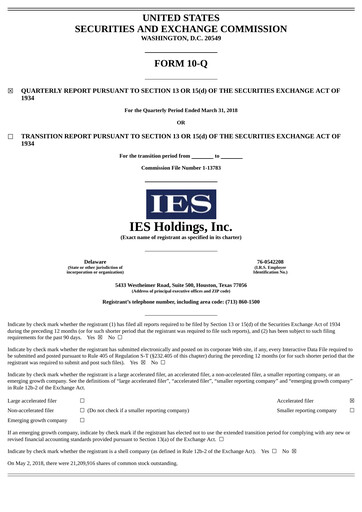 Thumbnail IES Holdings Quarterly Report 2018-q2