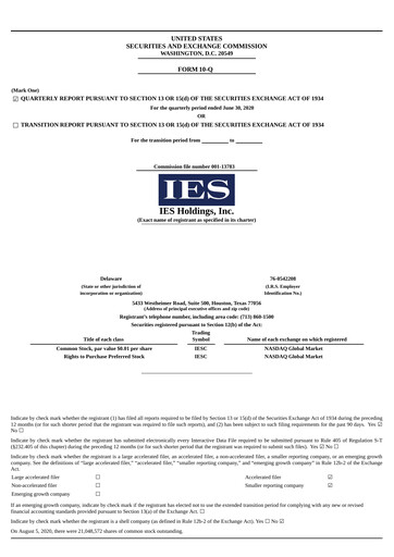 Thumbnail IES Holdings Quarterly Report 2020-q3