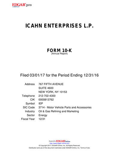 Thumbnail Icahn Enterprises
 Annual Report 2016