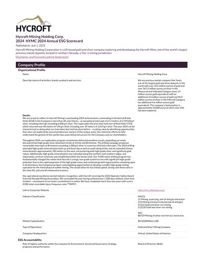 Thumbnail Hycroft Mining ESG Report 2024