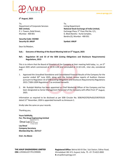 Miniature Anup Engineering
 Rapport trimestriel 2025-q1