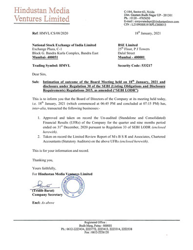 Thumbnail Hindustan Media Ventures Quarterly Report 2021-q3