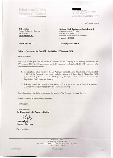 Thumbnail Hindustan Media Ventures Quarterly Report 2024-q3