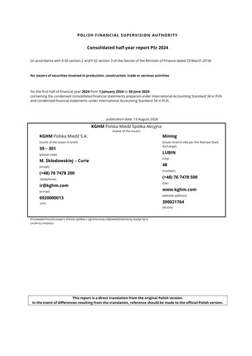 Vorschaubild KGHM Polska Miedź
 Halbjahresbericht 2024-h1