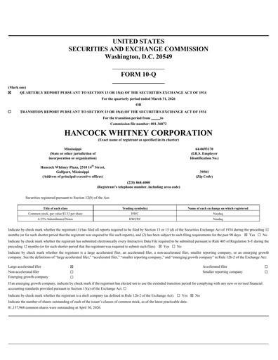 Thumbnail Hancock Whitney Quarterly Report 2026-q1