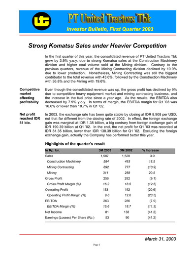Thumbnail United Tractors
 Quarterly Report 2003-q1