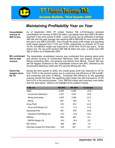 Thumbnail United Tractors
 Quarterly Report 2003-q3