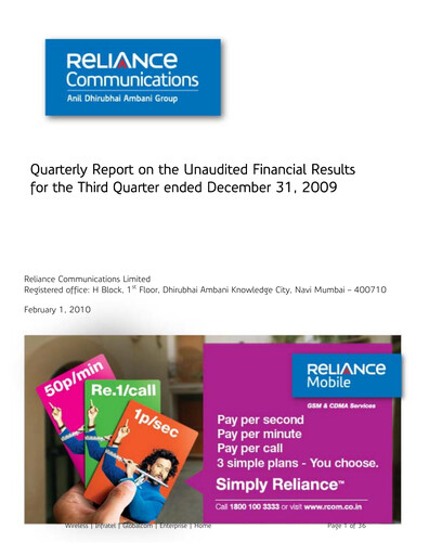 Thumbnail Reliance Communications
 Quarterly Report 2010-q3