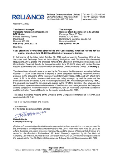 Thumbnail Reliance Communications
 Quarterly Report 2020-q2