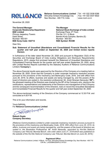 Thumbnail Reliance Communications
 Quarterly Report 2020-q3