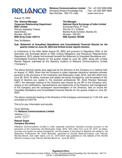 Thumbnail Reliance Communications
 Quarterly Report 2023-q2