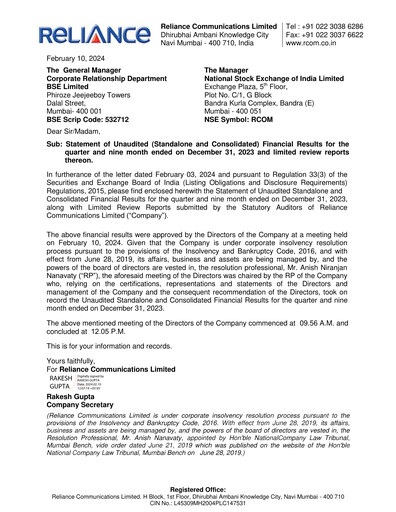 Thumbnail Reliance Communications
 Quarterly Report 2023-q4