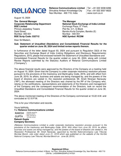 Thumbnail Reliance Communications
 Quarterly Report 2024-q2