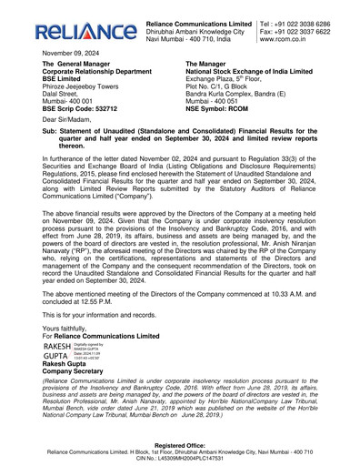 Thumbnail Reliance Communications
 Quarterly Report 2024-q3