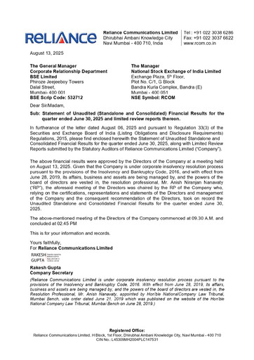 Thumbnail Reliance Communications
 Quarterly Report 2025-q2