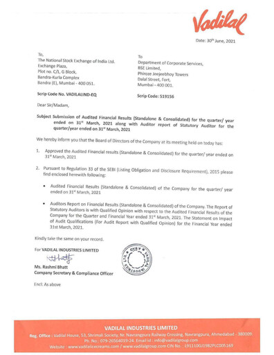 Thumbnail Vadilal Industries Quarterly Report 2021-q4