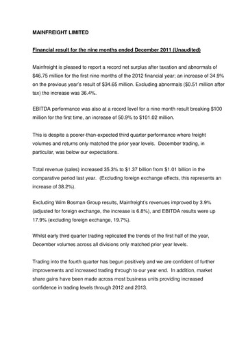 Miniature Mainfreight Rapport financier 2011-9m