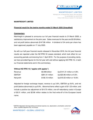 Thumbnail Mainfreight Financial Report fy2020