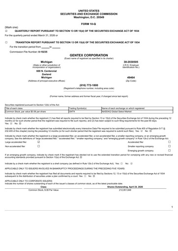 Thumbnail Gentex Quarterly Report 2026-q1