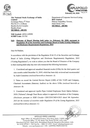 Thumbnail Apollo Pipes Quarterly Report 2019-q3