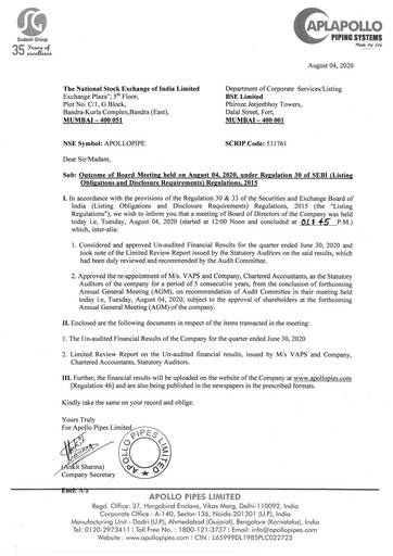 Thumbnail Apollo Pipes Quarterly Report 2020-q1