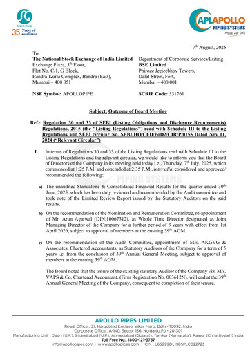 Thumbnail Apollo Pipes Quarterly Report 2025-q1