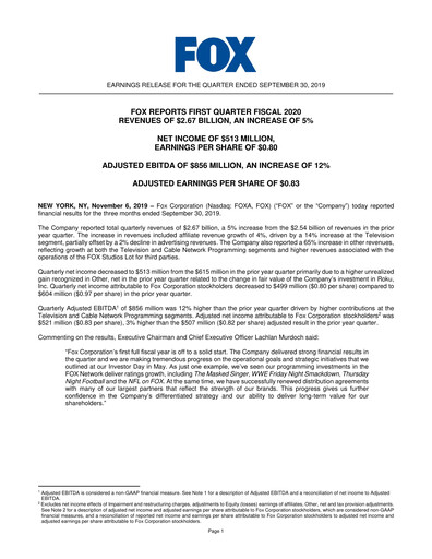 Thumbnail Fox Corporation Quarterly Report 2019-2020-q1