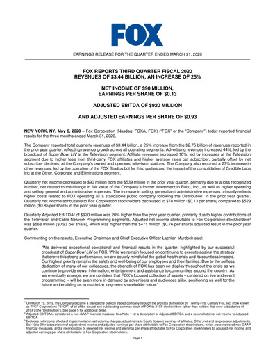 Thumbnail Fox Corporation Quarterly Report 2019-2020-q3