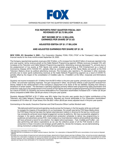 Thumbnail Fox Corporation Quarterly Report 2020-2021-q1