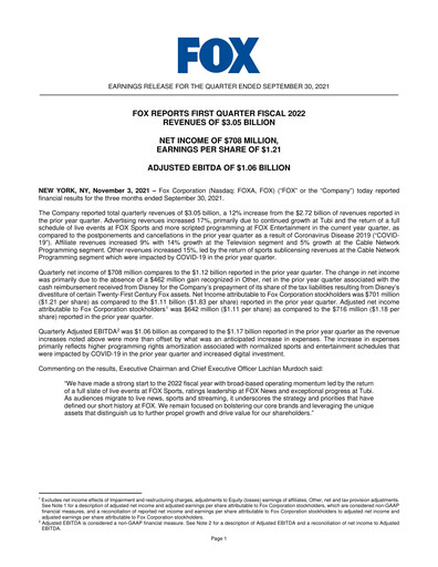 Thumbnail Fox Corporation Quarterly Report 2021-2022-q1