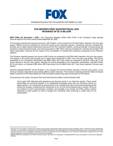 Thumbnail Fox Corporation Quarterly Report 2022-2023-q1