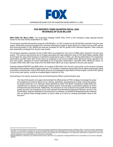 Thumbnail Fox Corporation Quarterly Report 2022-2023-q3