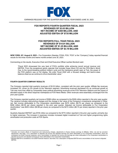 Thumbnail Fox Corporation Quarterly Report 2022-2023-q4