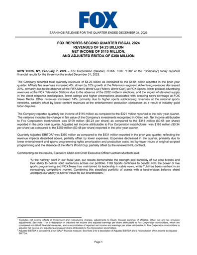 Thumbnail Fox Corporation Quarterly Report 2023-2024-q2