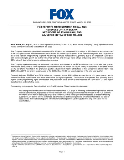 Thumbnail Fox Corporation Quarterly Report 2024-2025-q3