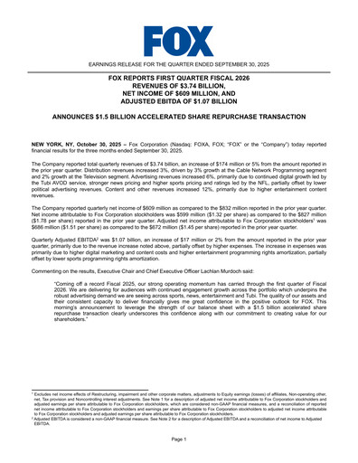 Thumbnail Fox Corporation Quarterly Report 2025-2026-q1