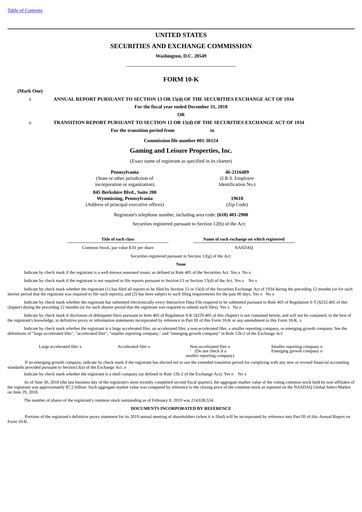 Thumbnail Gaming and Leisure Properties
 Annual Report 2018