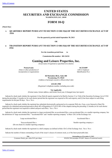 Thumbnail Gaming and Leisure Properties
 Quarterly Report 2013-q3